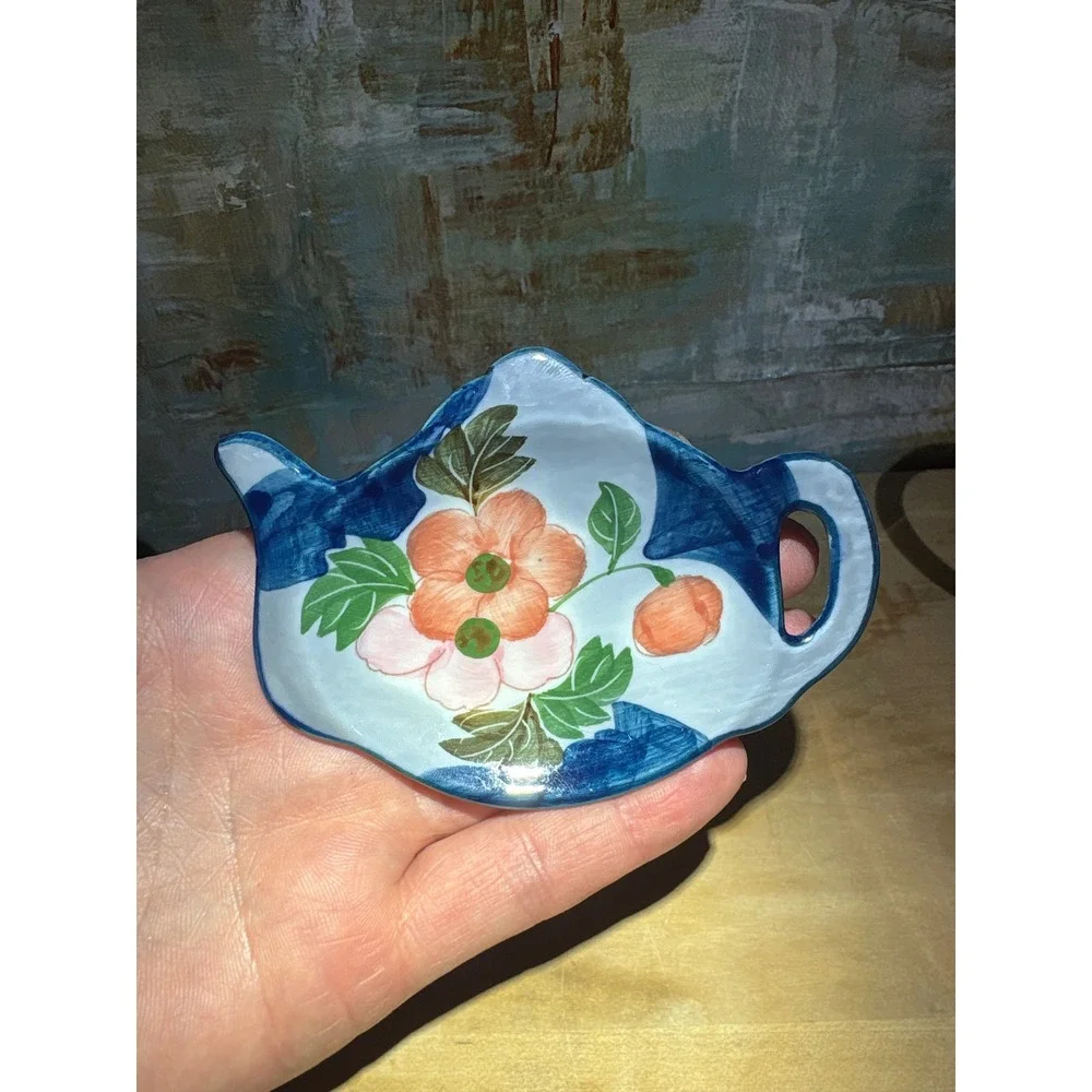 Vintage Style Hand Painted Floral Teapot Tea Bag Rest Trinket Dish Blue Orange